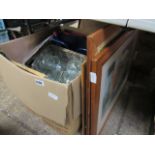 Box containing mixed glassware and other housewares incl. doorway curtains, kitchenalia and 3 prints