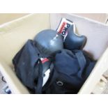 Box containing boxing gloves, pads and exercise ball