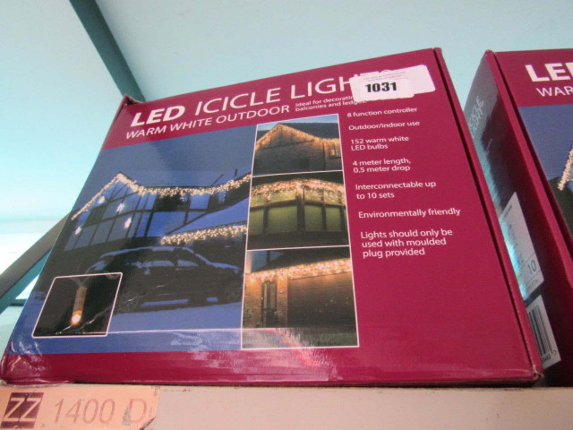 Boxed set of LED icicle lights in warm white