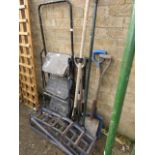 3 step stepladder with selection of garden tools and 2 car ramps