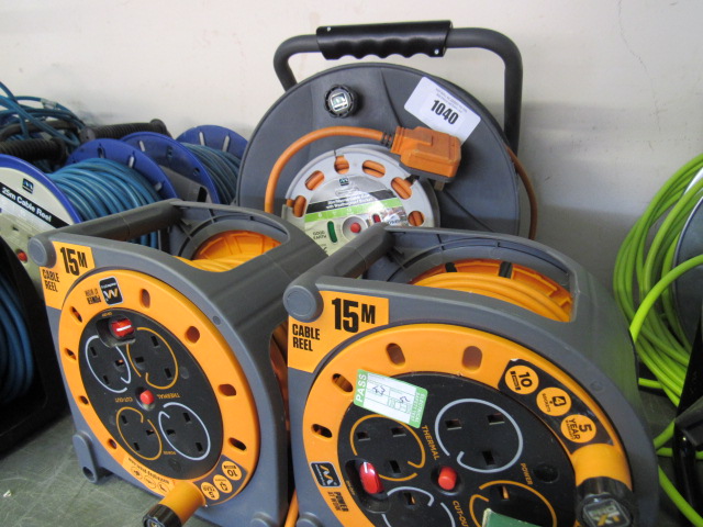 (5) Masterplug 30m reverse cable reel with weatherproof sockets with 2 15m cable reels