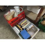 Tray of hardback books and box of kitchenware
