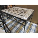 (2235) Wrought iron and carved top rustic garden table