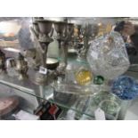 Cut glass plated ware, paper weights, candelabra, place mats, etc.