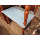 Blue Formica top and oak kitchen table with drawer