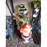 (2) 3 pre lit outdoor Christmas decorations in the forms of Santa, reindeer and snowman