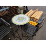 (1135) Metal circular garden table with mosaic top and 2 matching chairs