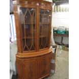 Yew finish corner display cabinet with cupboard under