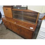 Walnut finish vintage sideboard with sliding glazed shelf, cupboards and drawers