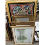 Quantity of gilt framed pictures and embroidery