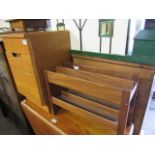 Teak magazine rack and small oak bedside unit with cupboard and drawer