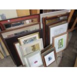 Large quantity of framed and glazed pictures and prints with mirrors and needlework