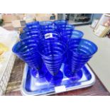 Plastic serving tray plus a quantity of blue plastic tumblers