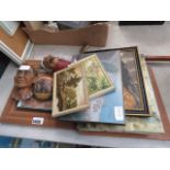 2 Bosson style figures, miniature paintings, painted coconut shells and prints