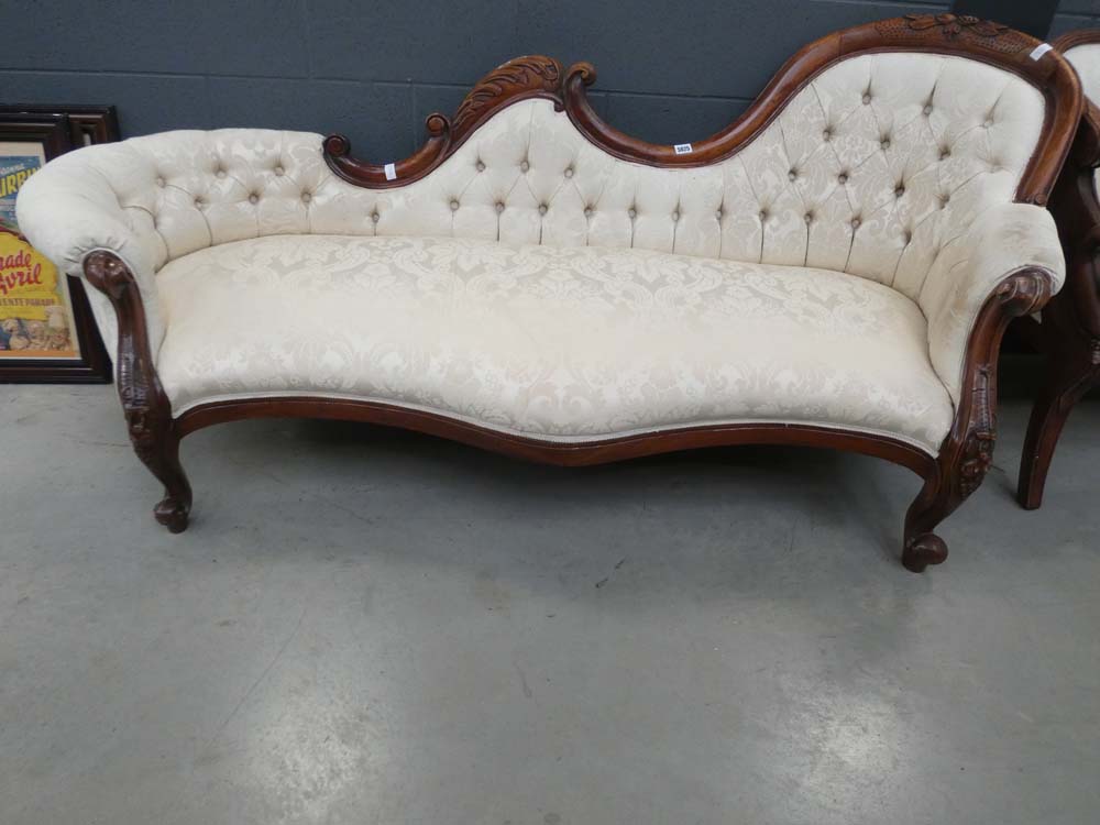 Carved edwardian chaise lounge in cream floral fabric