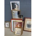 Stack of bird prints, paintings 'Still life with flowers', vineyards, photographic portraits of a