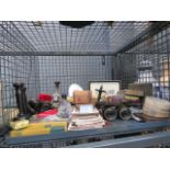 Cage containing postcard, binoculars, furniture fittings, treen, geometry set and tokens