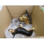 Box containing models of Alsatian dogs plus glassware