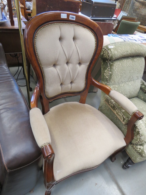 Stained beech armchair with brown fabric seat and back