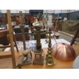 Table lamp with corinthian column plus a lamp with fluted column and a brass table lamp, (3 in