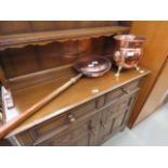 Copper warming pan plus a copper and brass plant pot