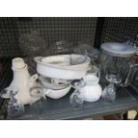 Cage containing glass jelly molds, sundae dishes plus a jug, wine glasses and a quantity of crockery