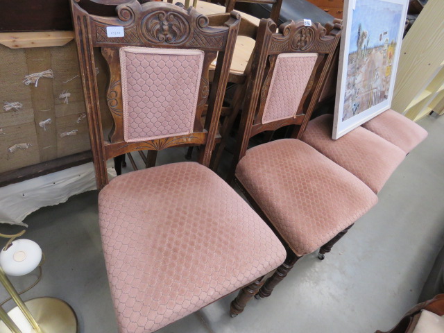 4 carved dining chairs with pink fabric seats and back