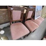 4 carved dining chairs with pink fabric seats and back