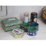 Group of modern cloisonne to include 2 trinket boxes, 3 napkin rings plus a porcelain toothpick