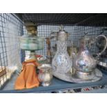 Cage containing an oil lamp, claret jug plus silver plate and china