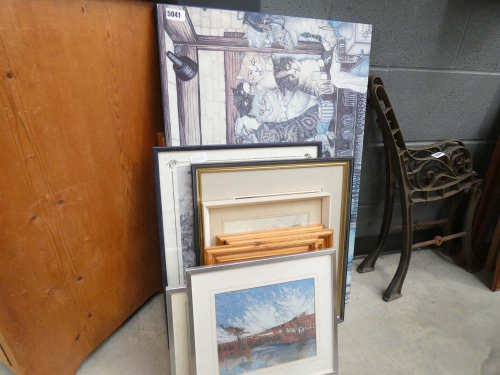 Quantity of water colours and prints to include snow landscapes, shop fronts, still life with