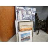 Quantity of water colours and prints to include snow landscapes, shop fronts, still life with