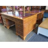 Reproduction yew twin pedestal desk with extension (af, worm damage)