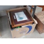 Box containing 2 rural prints plus a quantity of paperback novels and reference books