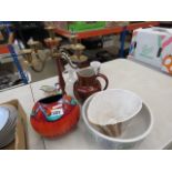 Denby bowls, small pottery vase, brown glazed jug, candle stick, glass ballerina figure and