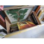 Box containing paintings and prints to include oak tree village scene, religious prints, donkey,