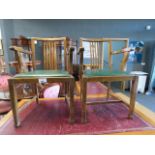 Pair of stained beech armchairs with drop in seats