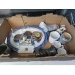 Box containing crestedware, blue and white meat platter, coffee mugs and china