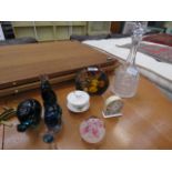 3 glass figures, a paper weight, bedside clock, decanter and modern Chinese tea bowl