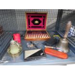 Cage containing a fishknife and fork set, badges, bell, nutcracker plus pincushion, pen and