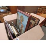 Box containing a qty of picture frames, rural paintings and prints