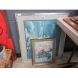 Fishburn print of a Spitfire plus a watercolour 'Still life with flowers'