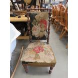 Edwardian beech chair with turned supports and embroidered seat and back