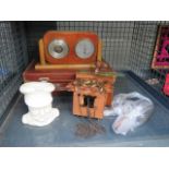 Cage containing a cuckoo clock, Churchill character jug, barometer and thermometer set plus a