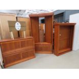 Oak finished open fronted bookcase, corner unit and pair of entertainment units