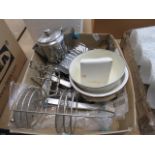 Box containing stainless steel to include trays, a teapot, toast racks and napkin rings