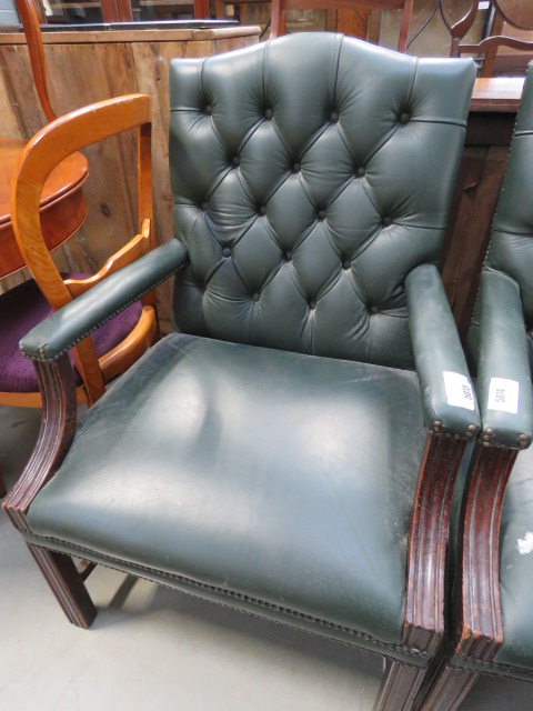 Green leather effect button back arm chair