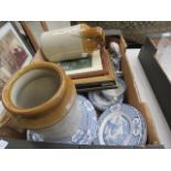 Box containing blue and white yuan patterned crockery, two toned flagen kitchen storage vessel