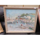 Oil on board, harbour with boats