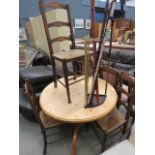 Circular pine tripod table plus 4 rush seated chairs